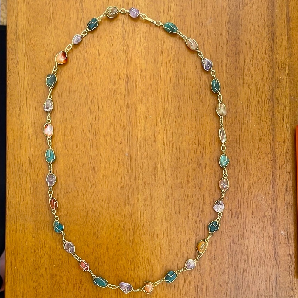 Vintage 1960s Multicolor Gemstone & Gold Necklace - Jade, Amethyst, Carnelian